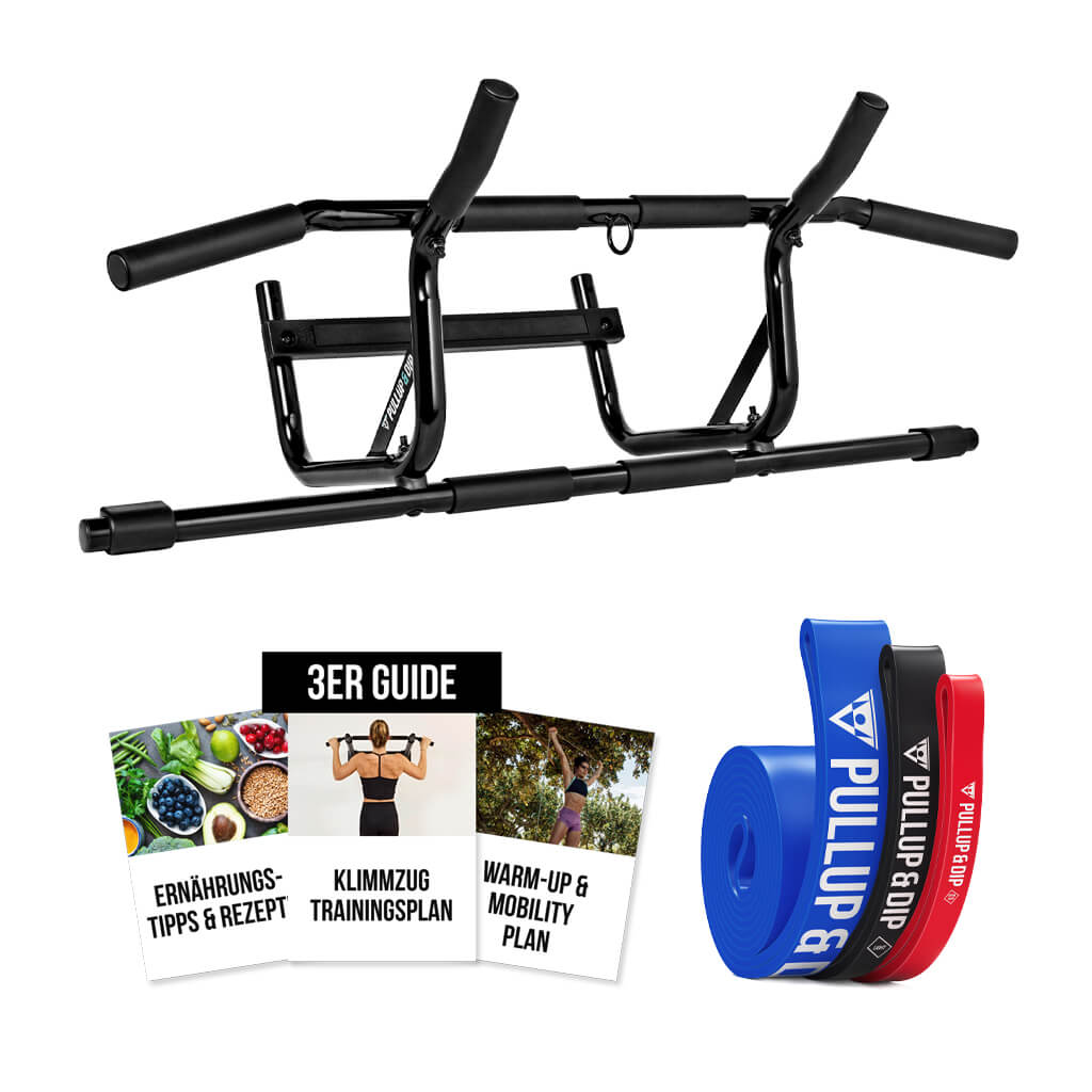 Pull-up Beginner Set: Doorway Pull-up Bar, Pull-up Bands Set of 3 & Guide Bundle in English