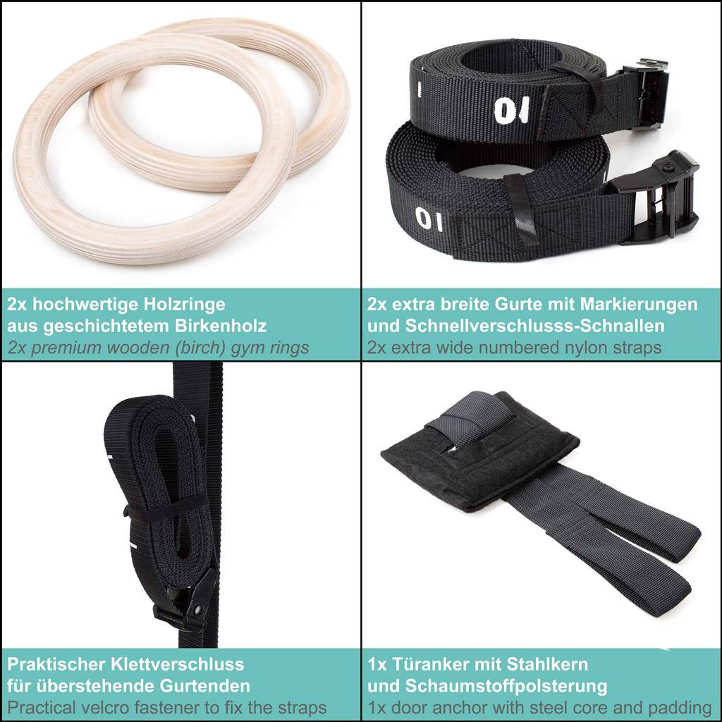 Wooden Gymnastic Rings - Includes Numbered Buckle Straps, Door Anchor and Sports Bag