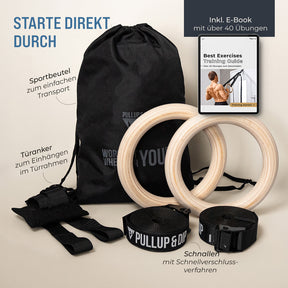 Wooden Gymnastic Rings - Includes Buckle Straps, Door Anchor and Bag
