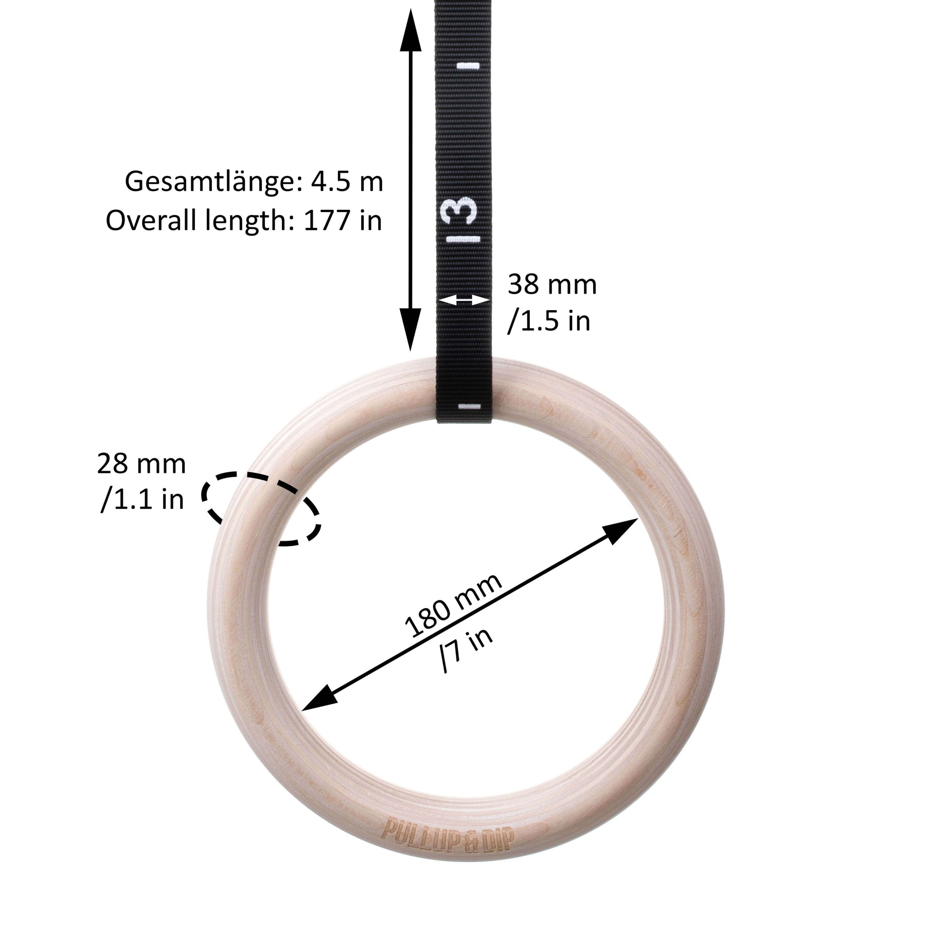 Wooden Gymnastic Rings - Includes Numbered Buckle Straps, Door Anchor and Sports Bag