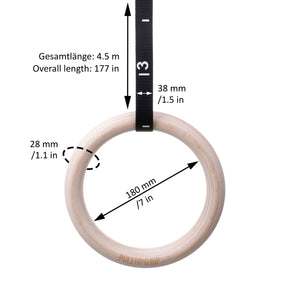 Wooden Gymnastic Rings - Includes Numbered Buckle Straps, Door Anchor and Sports Bag