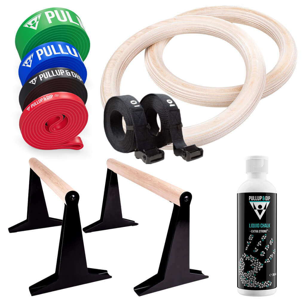 Calisthenics Intermediate Set - Parallettes (medium), Gym Rings, Liquid Chalk, Resistance Bands