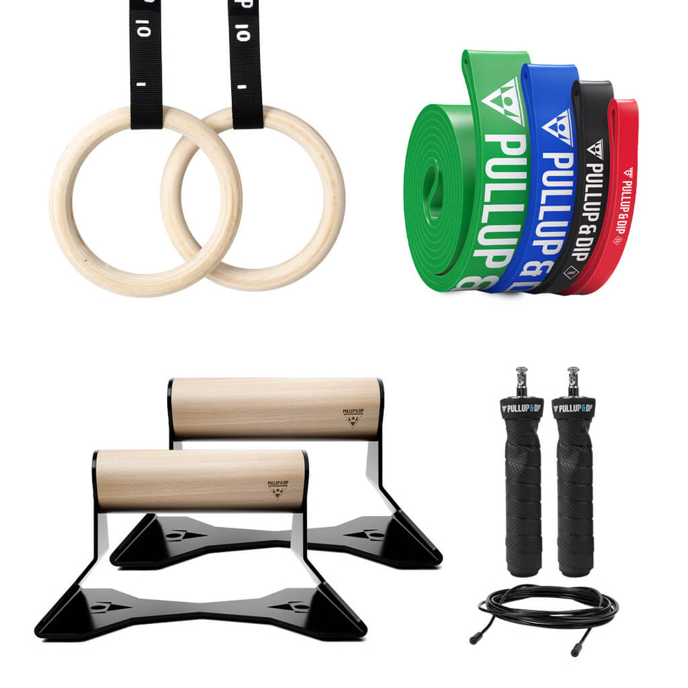 Calisthenics Starter Set of Rings, Bands, Push-up Bars & Jump Rope