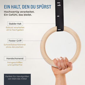 Wooden Gymnastic Rings - Includes Buckle Straps, Door Anchor and Bag