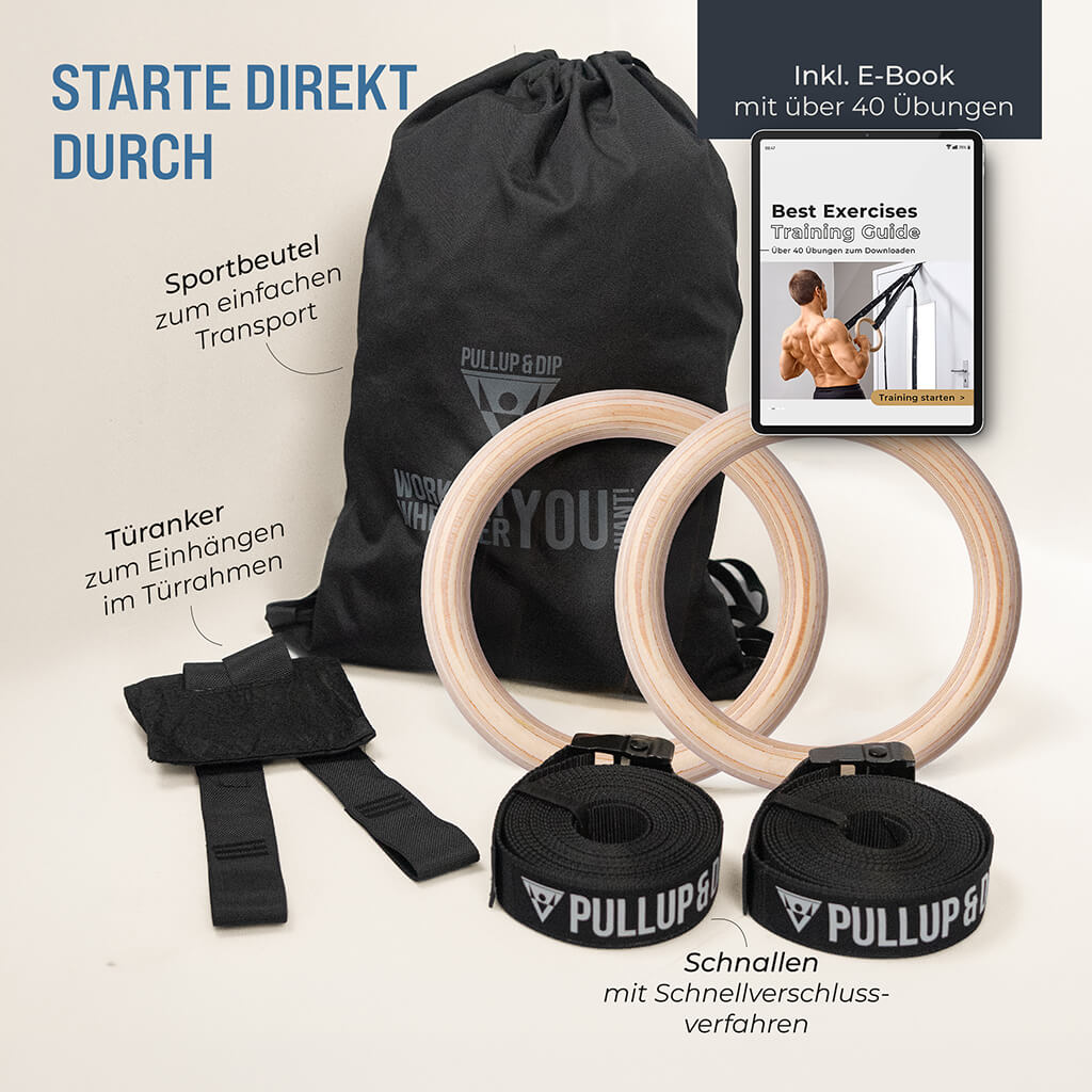 Wooden Gymnastic Rings - Includes Buckle Straps, Door Anchor and Bag
