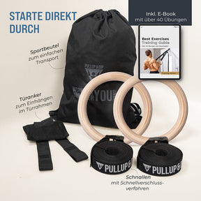 Wooden Gymnastic Rings - Includes Buckle Straps, Door Anchor and Bag