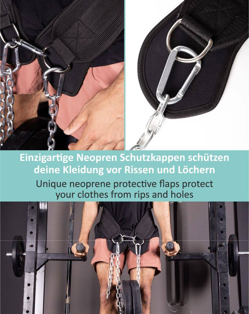Premium Dip Belt with Chain, Carabiners and Unique Flaps.