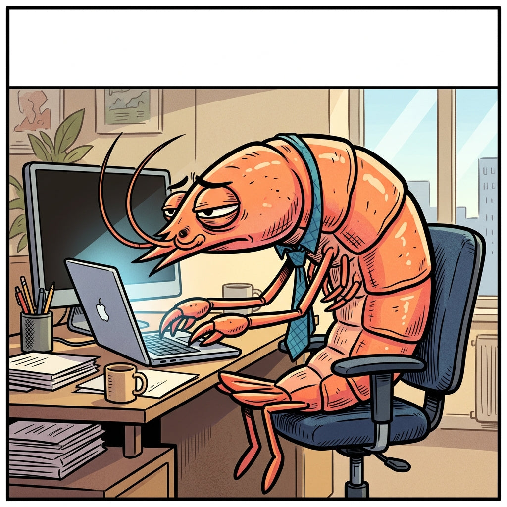 Orange Garnele im Bürohemd am Schreibtisch mit Laptop