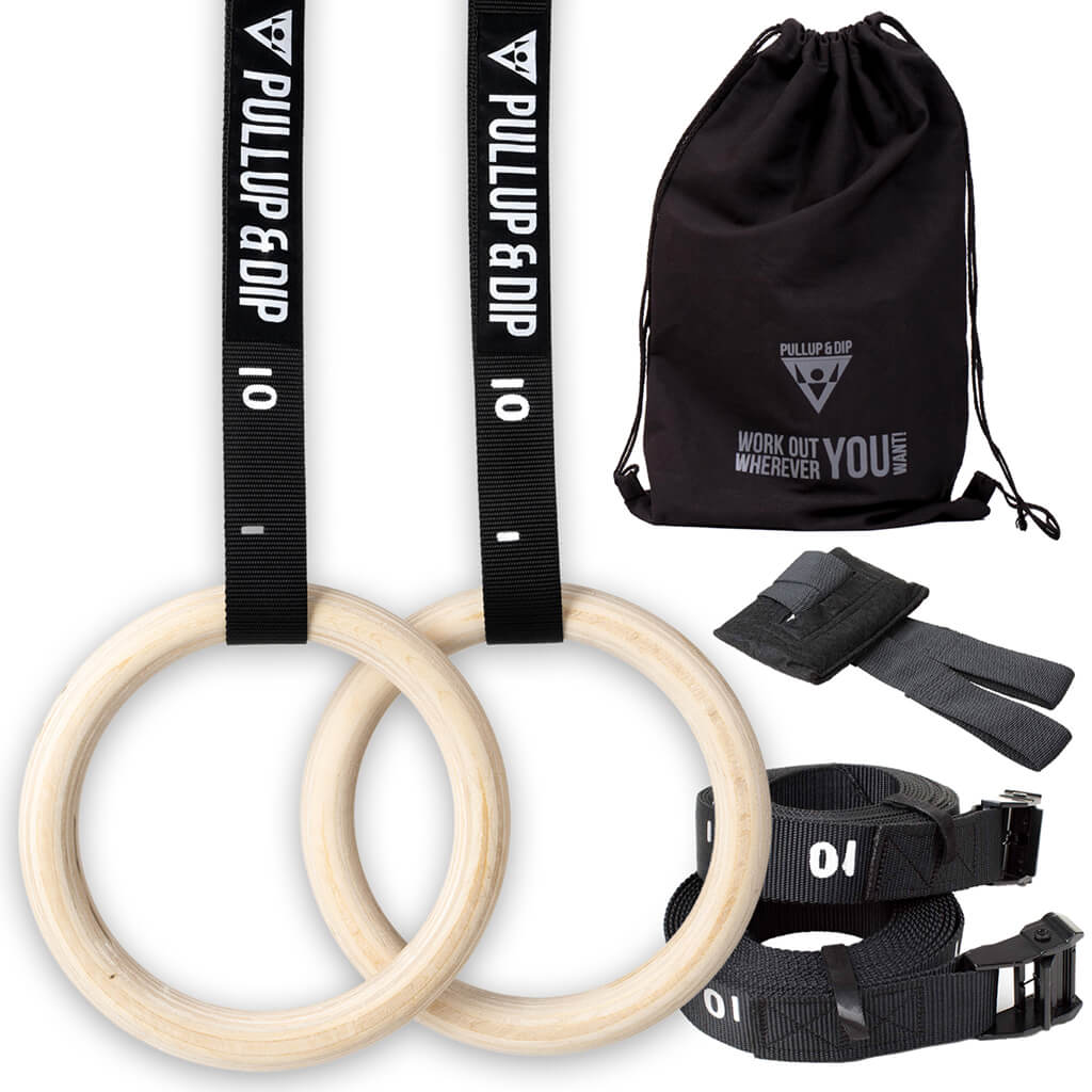 Wooden Gymnastic Rings - Includes Numbered Buckle Straps, Door Anchor and Sports Bag