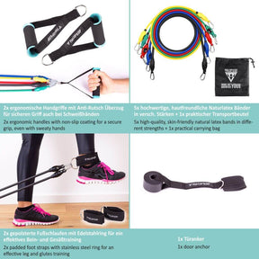 Resistance Bands - Set of 5 Strengths With Handles, Foot Straps And Door Anchor