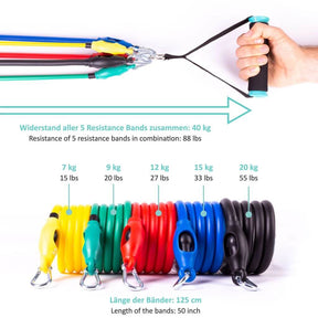 Resistance Bands - Set of 5 Strengths With Handles, Foot Straps And Door Anchor