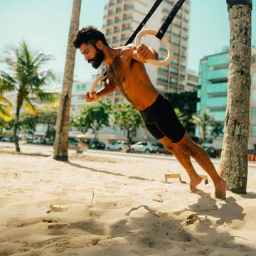 Wooden Gymnastic Rings Includes Numbered Buckle Straps, Door Anchor and Sports Bag