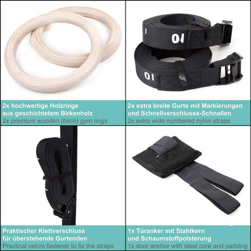Wooden Gymnastic Rings With Straps, Door Anchor + Sports Bag