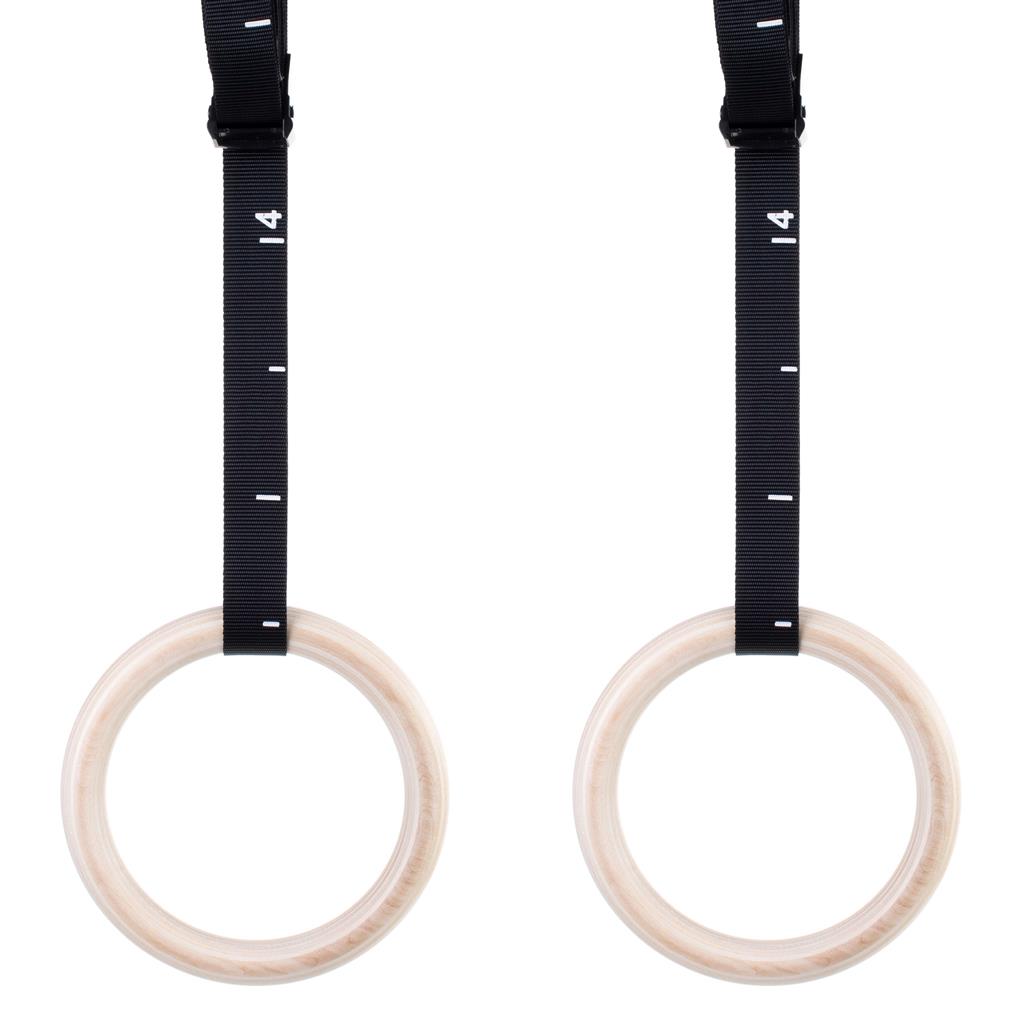 Wooden Gymnastic Rings - Includes Numbered Buckle Straps, Door Anchor and Sports Bag