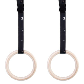 Wooden Gymnastic Rings - Includes Numbered Buckle Straps, Door Anchor and Sports Bag